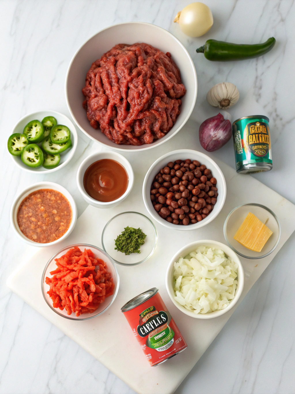 Complete chili recipe ingredients arranged on marble countertop including ground beef, tomatoes, beans and spices
