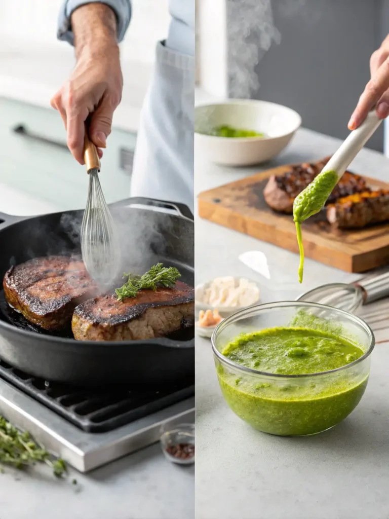 Step-by-step chimichurri steak cooking process showing searing steak in cast iron pan and mixing fresh herb sauce
