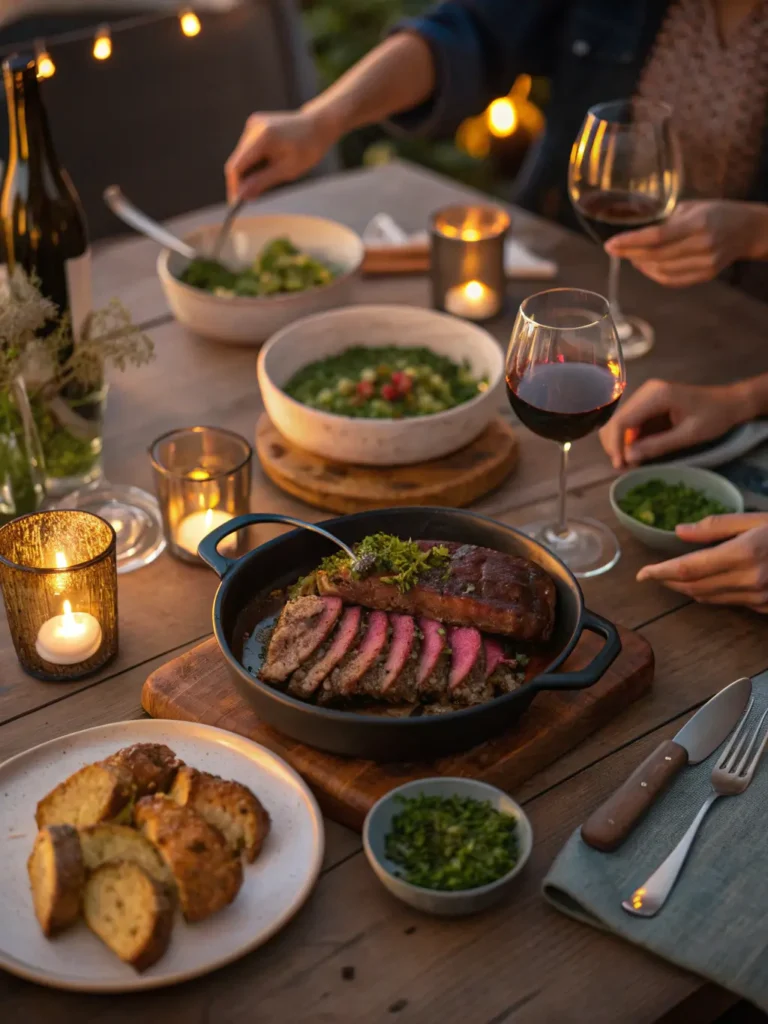 Family dinner scene with chimichurri steak being served at dining table with wine glasses and side dishes