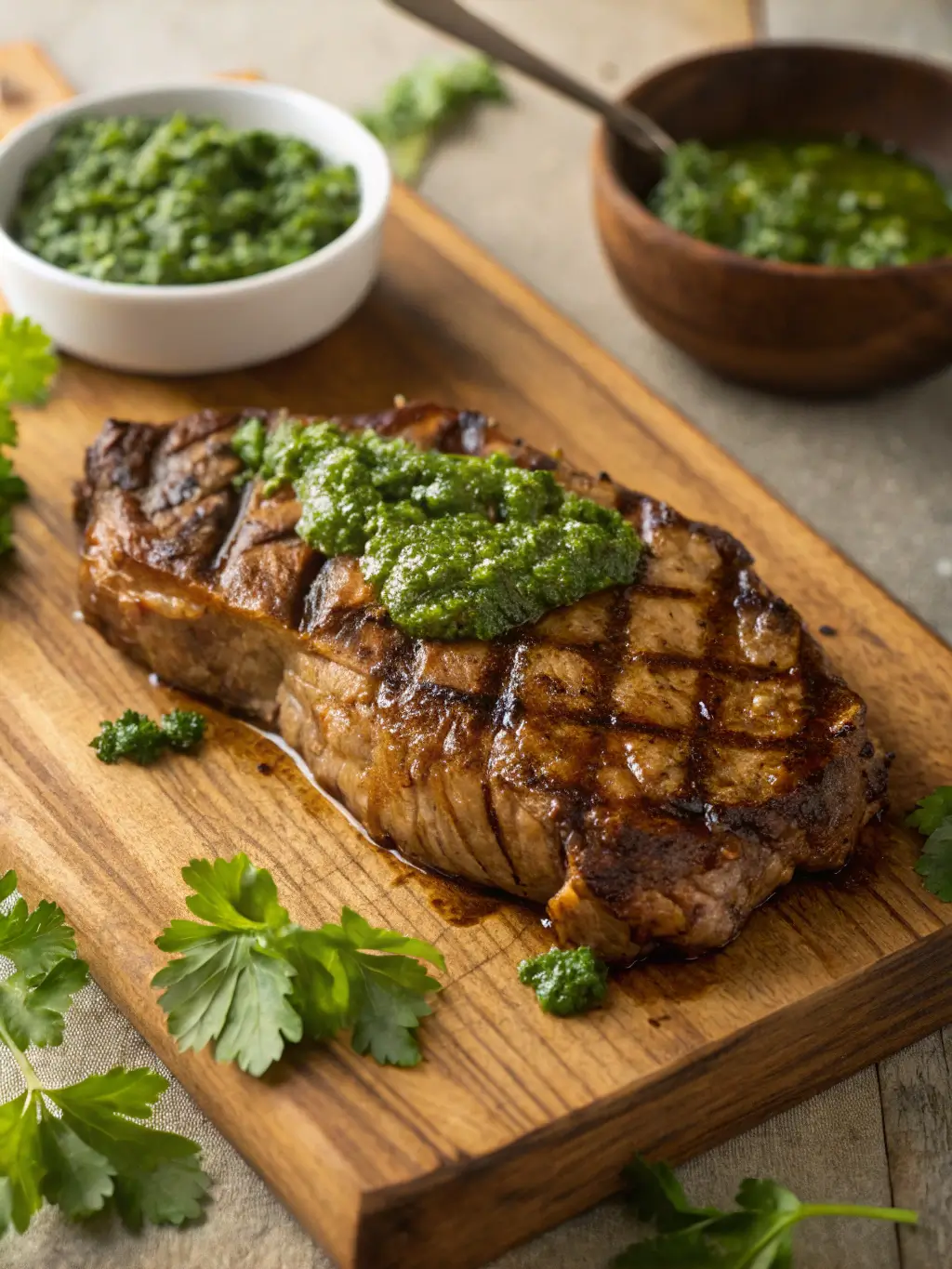 Perfectly grilled chimichurri steak with golden sear marks topped with vibrant green herb sauce on wooden cutting board