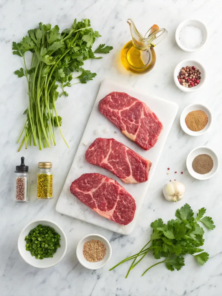 Chimichurri steak recipe ingredients laid out including raw steak, fresh parsley, cilantro, garlic, olive oil and spices