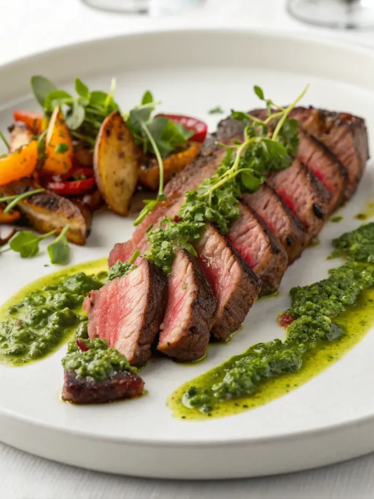 Restaurant-style plated chimichurri steak sliced and served with herb sauce and roasted vegetables on white plate