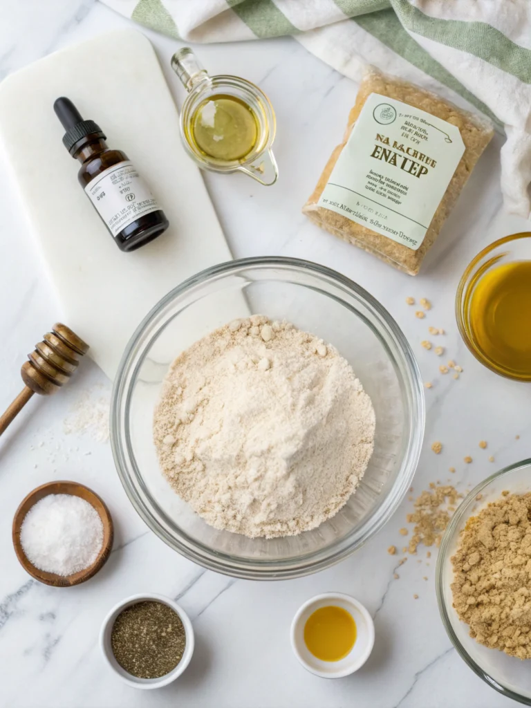 Top-down flat lay of einkorn bread baking ingredients: golden einkorn flour in glass bowl, honey jar, olive oil bottle, sea salt, yeast packet, measuring cup with water, arranged symmetrically on white marble surface, soft natural lighting, clean modern food photography style