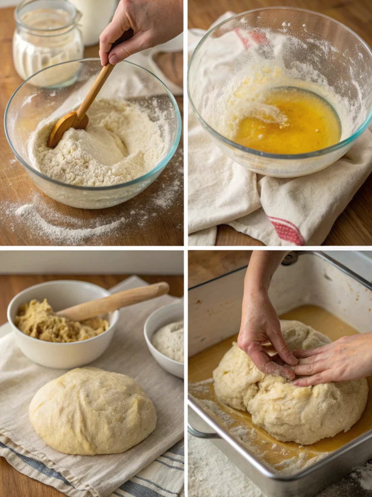 Kitchen counter scene showing einkorn bread making in progress: hands kneading golden dough on floured wooden surface, with bowls containing yeast mixture, flour, and other ingredients visible in background. Partially risen dough in glass bowl on one side, bread pan ready nearby. Warm natural lighting, professional food photography style, showing the tactile bread-making process, flour dusted on surface and hands.