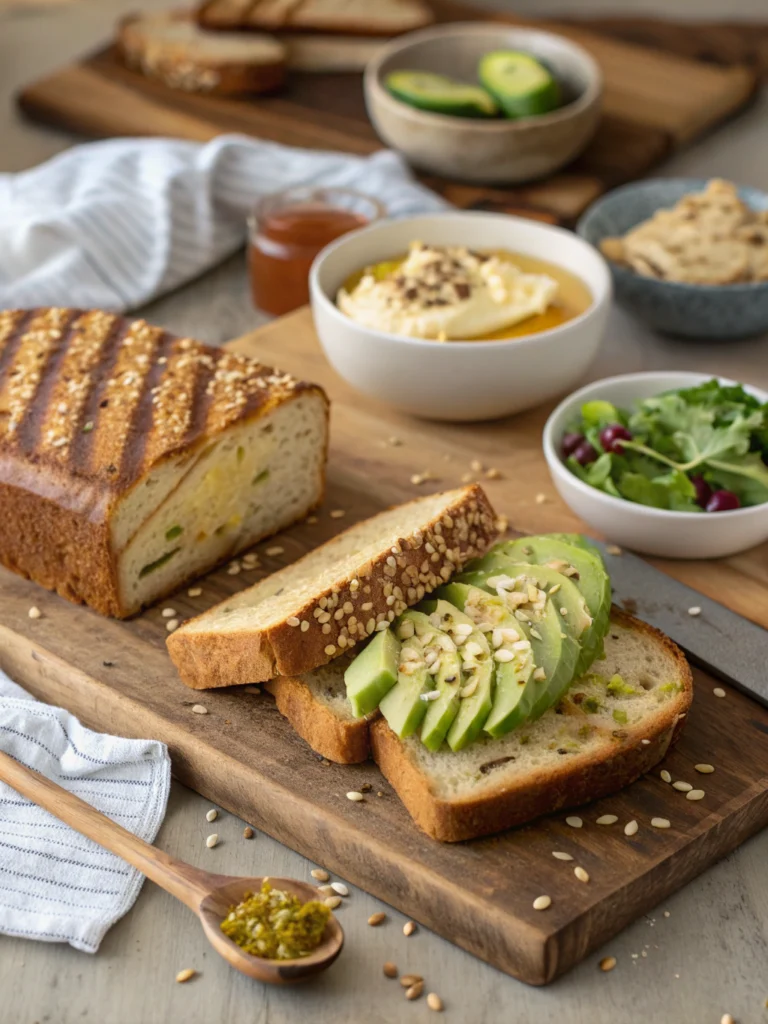 Elegant brunch table setup featuring einkorn bread as the centerpiece: Sliced loaf on wooden cutting board, surrounded by small bowls of toppings like avocado spread, nut butters, jams, and honey. Show prepared open-faced sandwiches with colorful fresh ingredients. Include cheese board elements, fresh fruits, and herbs. Natural sunlight streaming through window, creating a warm, inviting atmosphere. Style should be Instagram-worthy with a modern farmhouse aesthetic.