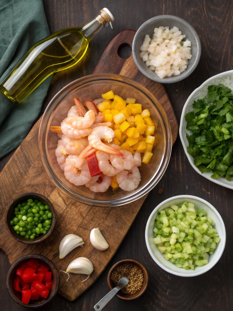 Fresh etouffee ingredients including raw shrimp, holy trinity vegetables, flour, and Cajun spices arranged on wooden surface