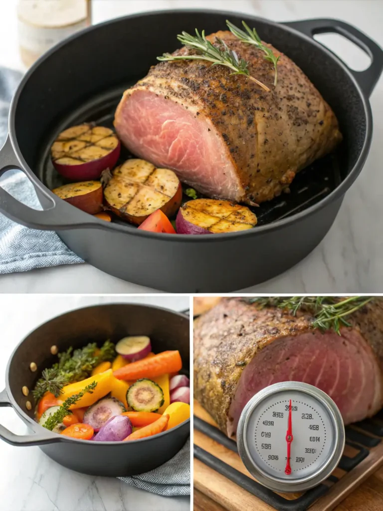 Step-by-step eye of round roast recipe cooking process from seasoning raw beef to searing and roasting in Dutch oven