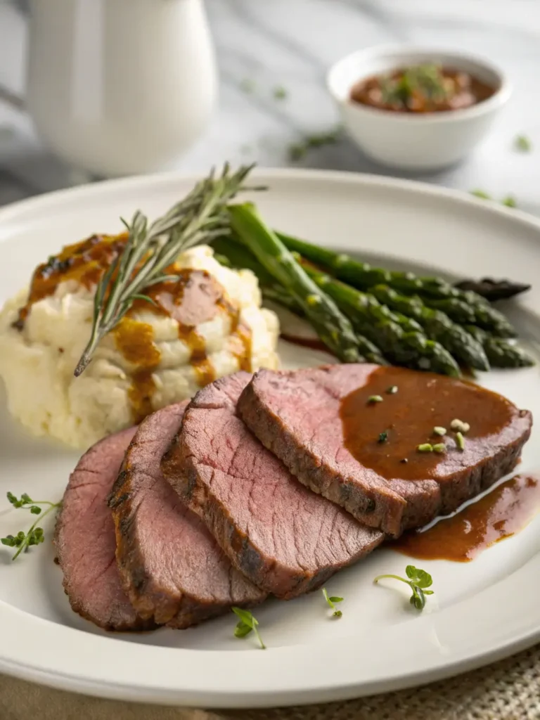 Elegant plated eye of round roast recipe dinner with sliced beef, mashed potatoes, asparagus and gravy on white ceramic plate