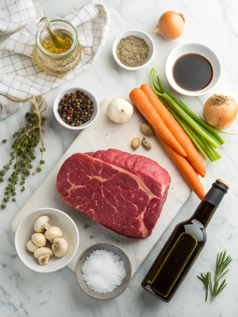 Complete ingredient layout for eye of round roast recipe showing raw beef, seasonings, vegetables and cooking liquids on marble counter