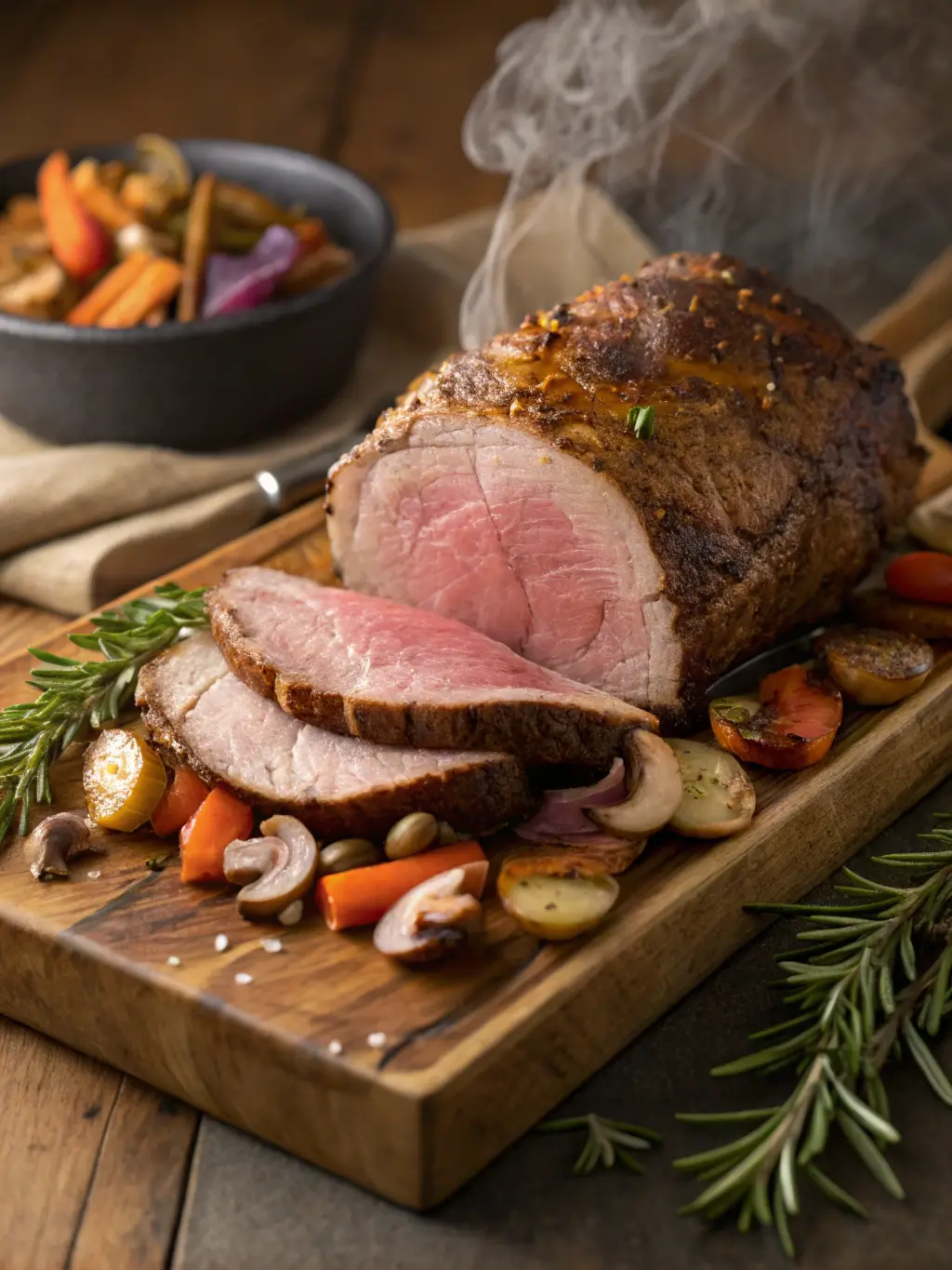 Eye of round roast recipe results showing perfectly sliced tender beef with golden crust on wooden cutting board surrounded by roasted vegetables