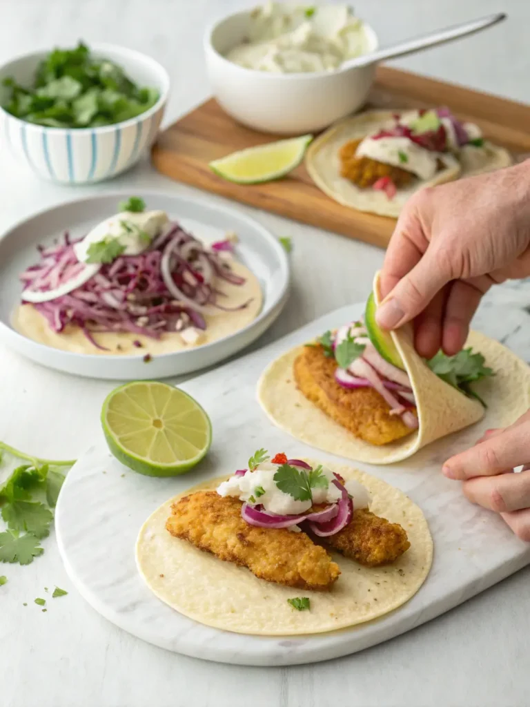 Assembling fish tacos with crispy fish, cabbage slaw, lime crema and fresh toppings - final recipe step