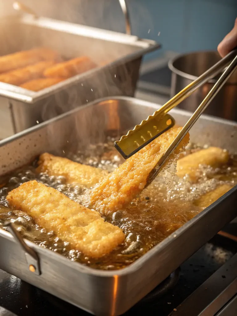 Frying beer-battered fish to golden perfection for restaurant-quality fish tacos recipe