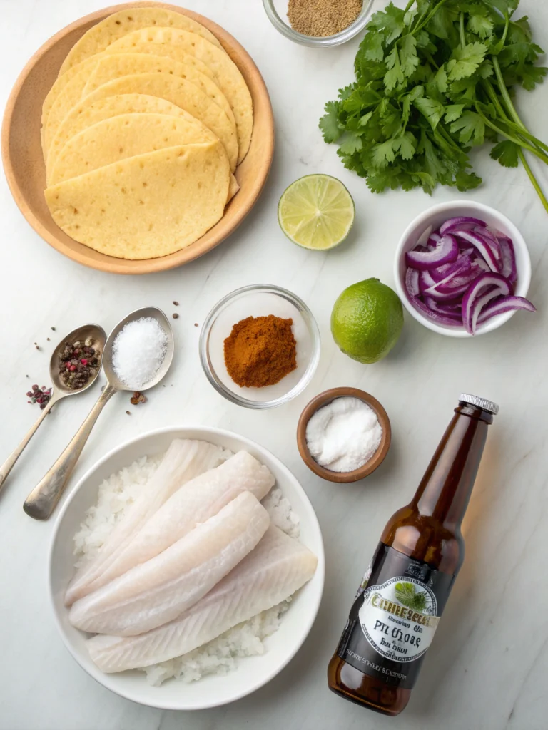 Fish tacos recipe ingredients organized on marble counter including fresh fish fillets, beer, flour, spices, corn tortillas and fresh toppings
