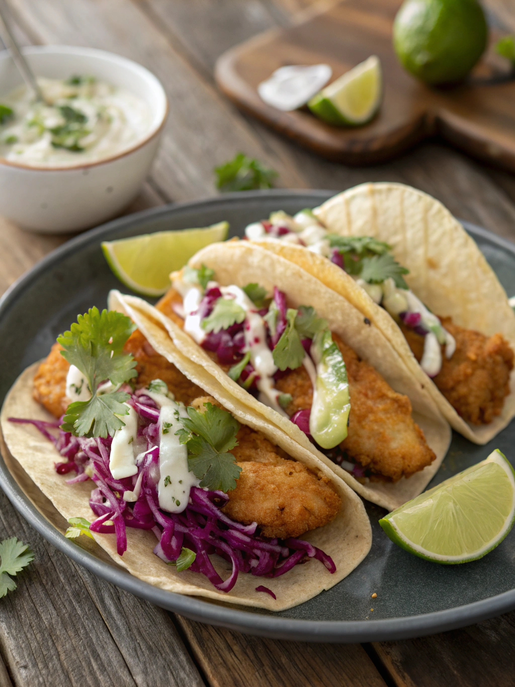 Golden crispy fish tacos with beer batter, purple cabbage slaw, lime crema and cilantro on corn tortillas - restaurant quality fish tacos recipe