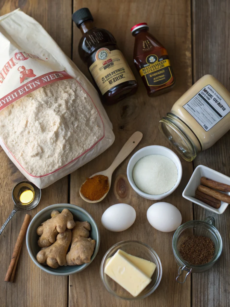 Essential gingerbread house baking ingredients including molasses, spices, flour and butter for structural recipe