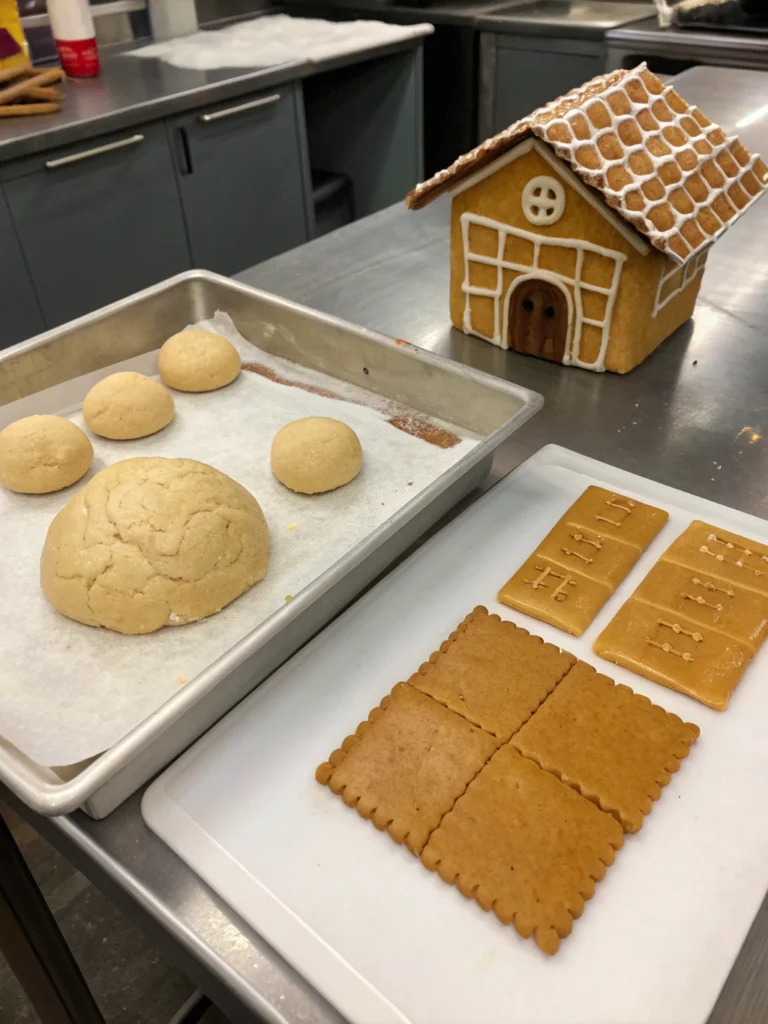 Four essential steps for making gingerbread house base from dough preparation to finished baked pieces
