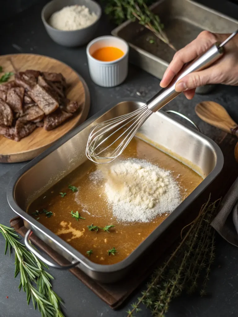 Hands whisking flour into golden roast beef drippings in roasting pan to make gravy roux