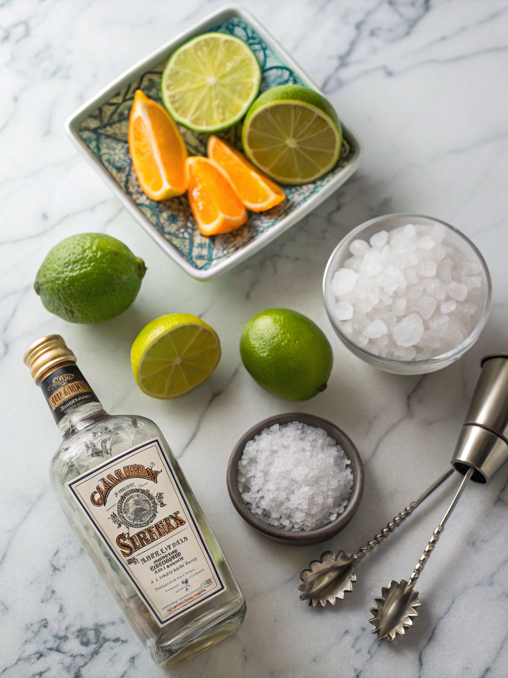Essential margarita ingredients including tequila, fresh limes, orange liqueur and sea salt for cocktail making
