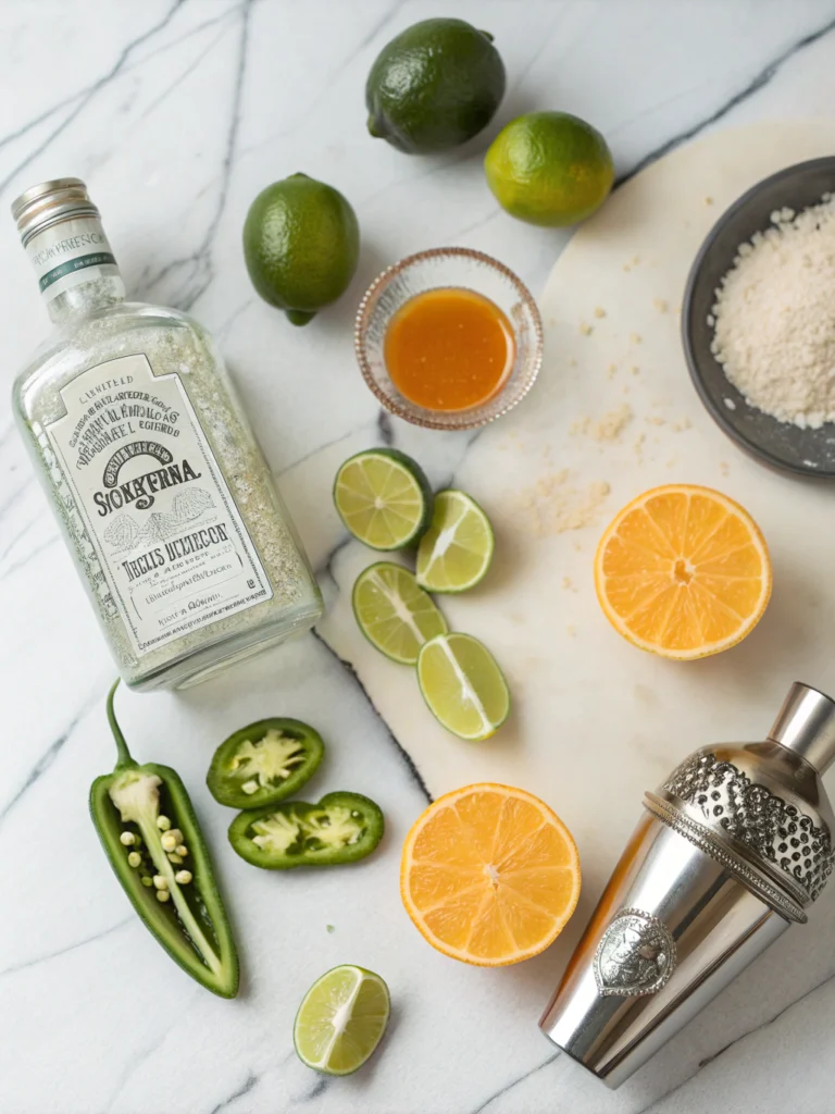 Fresh margarita recipe ingredients including premium tequila, limes, jalapeño peppers, sea salt, and orange liqueur arranged on marble surface