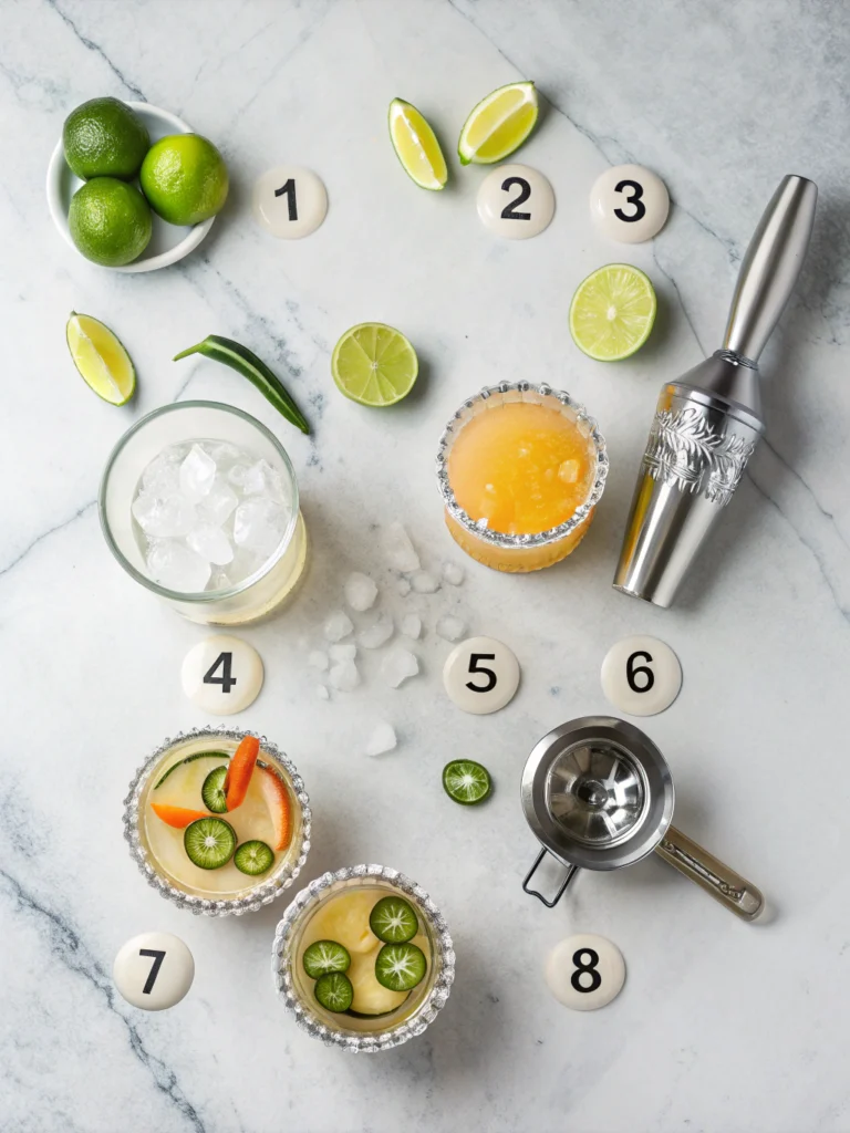 Complete margarita making process showing 8 numbered steps from rimming glasses to final garnished cocktails in overhead instructional layout