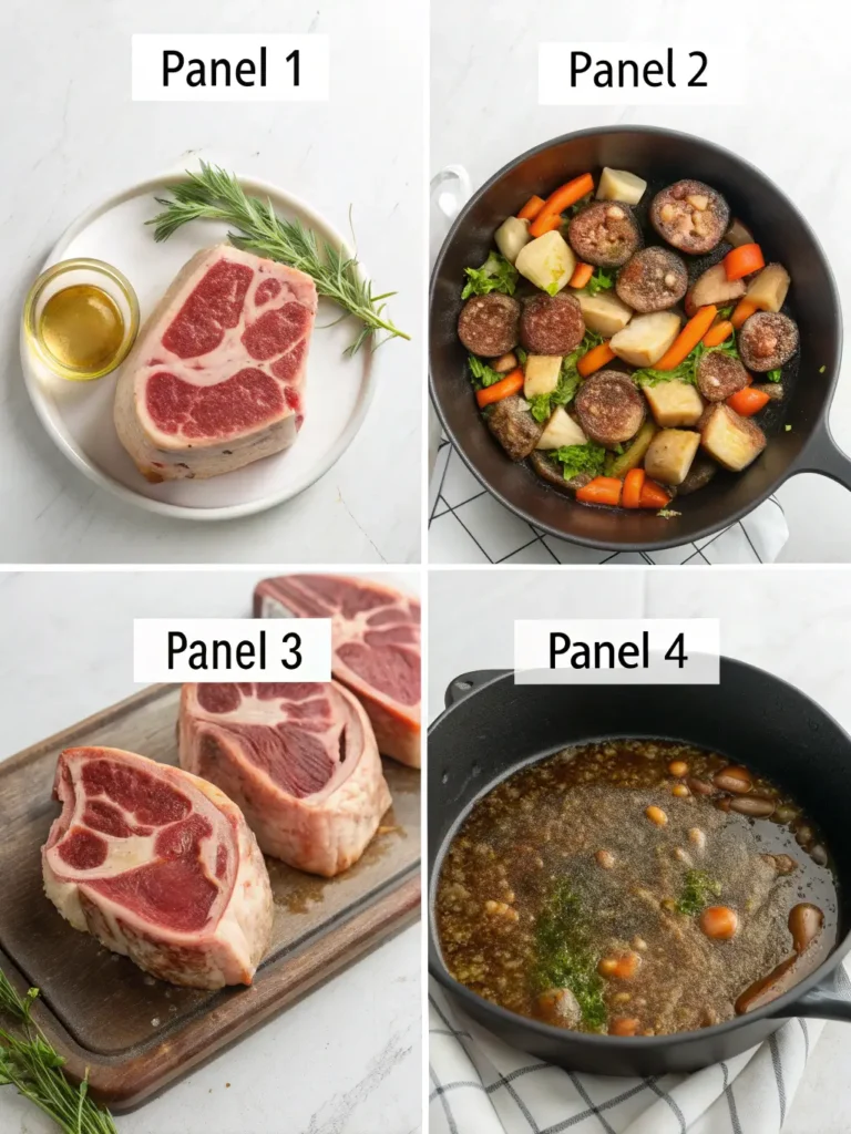 Step-by-step osso buco cooking process showing veal shank preparation, searing, vegetable sautéing, and braising stages