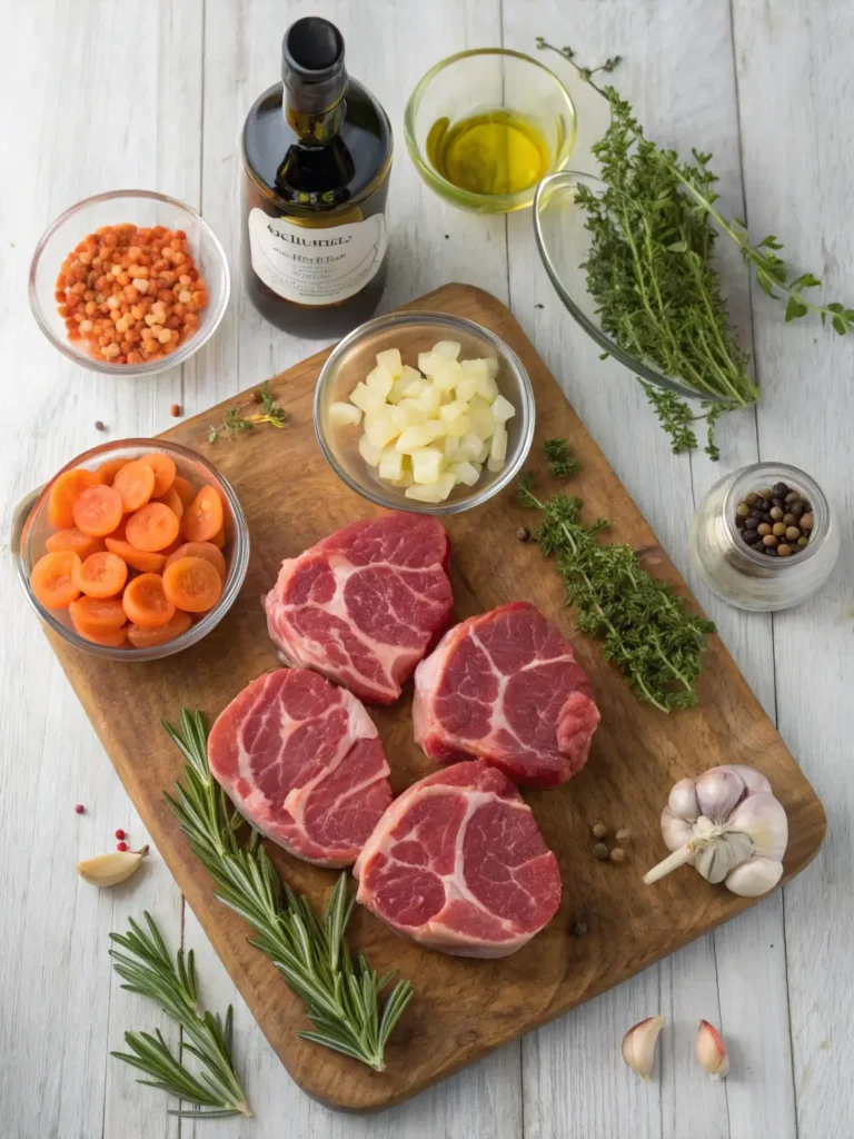 Complete osso buco ingredients laid out including veal shanks, diced vegetables, fresh herbs, wine, and seasonings for recipe preparation