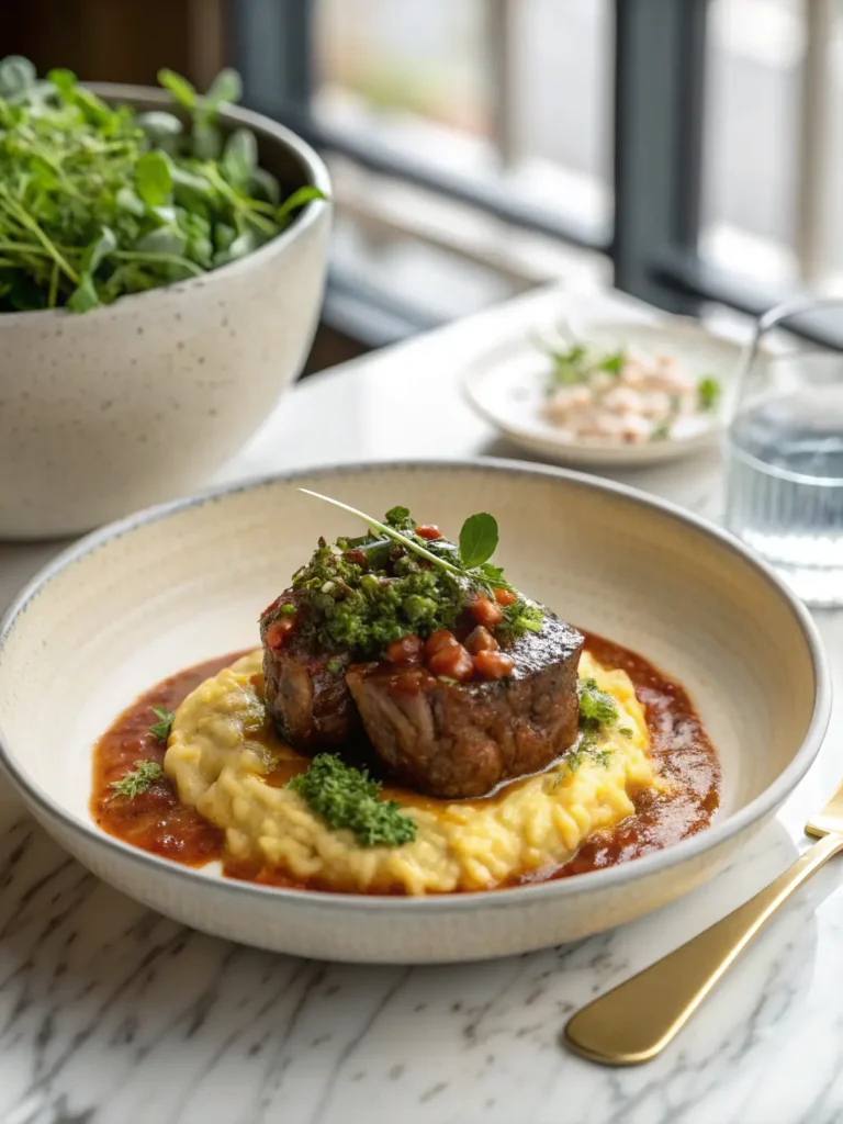 Elegant osso buco served over saffron risotto Milanese with gremolata garnish and marrow spoon, restaurant-style plating