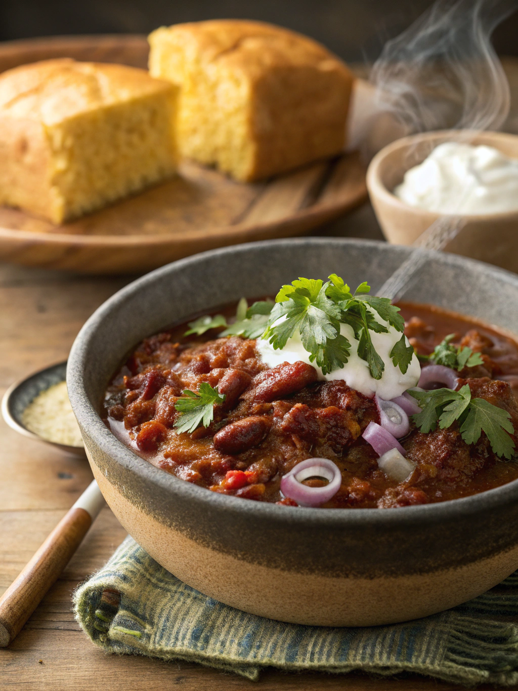 Perfect homemade chili recipe served in ceramic bowl with toppings and cornbread on wooden table