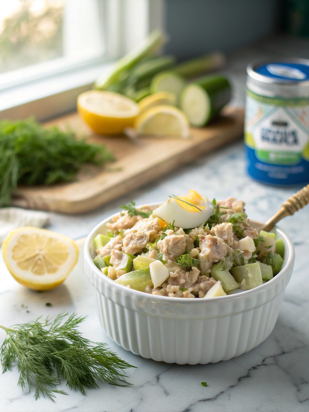 Delicious homemade tuna salad in white bowl with fresh dill garnish on marble countertop