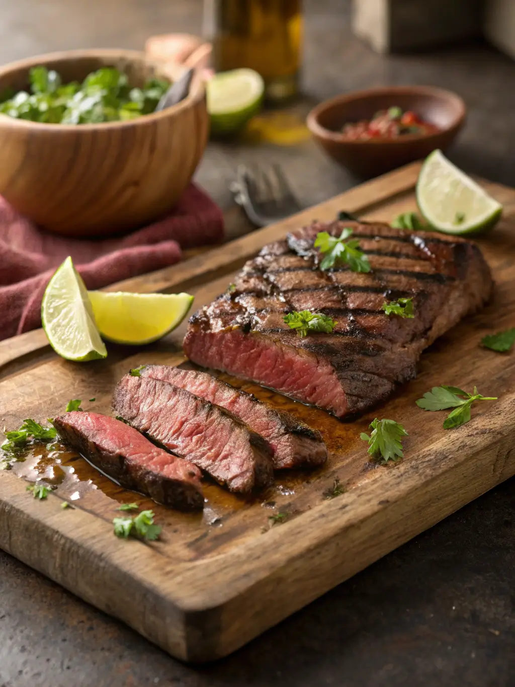 Perfectly grilled skirt steak sliced against the grain on wooden cutting board with herbs and lime garnish