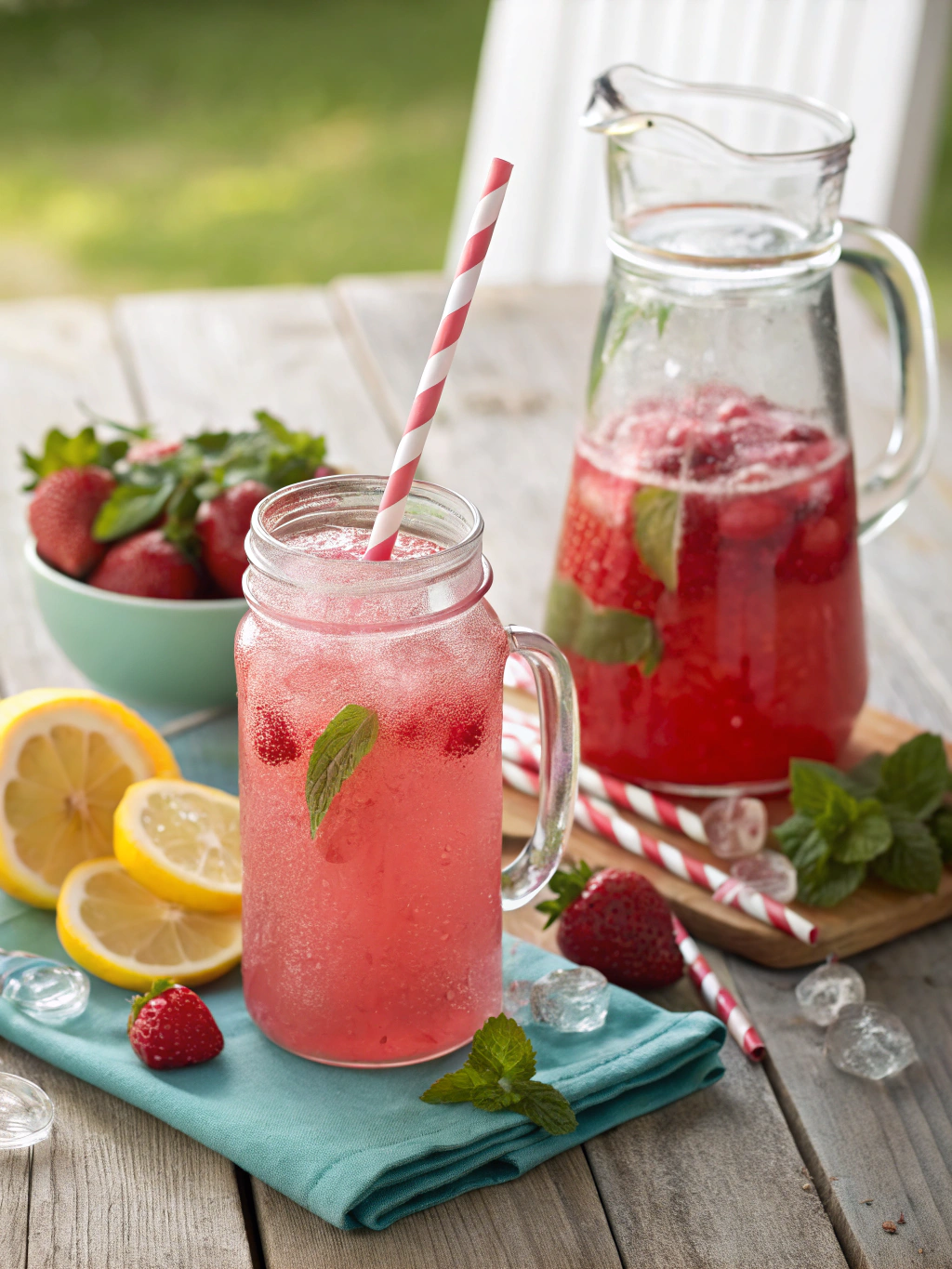 Fresh pink lemonade in glass pitcher with mason jar glasses, garnished with lemon slices and strawberries on wooden table