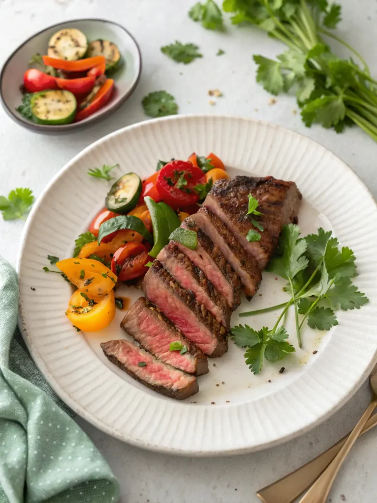 Sliced skirt steak plated with colorful grilled vegetables and fresh cilantro on white ceramic plate