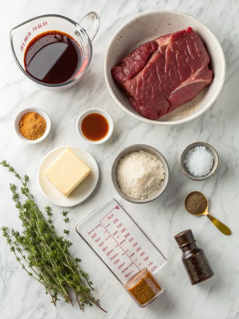 Overhead view of roast beef gravy ingredients including drippings, flour, beef broth, herbs, and seasonings on marble counter