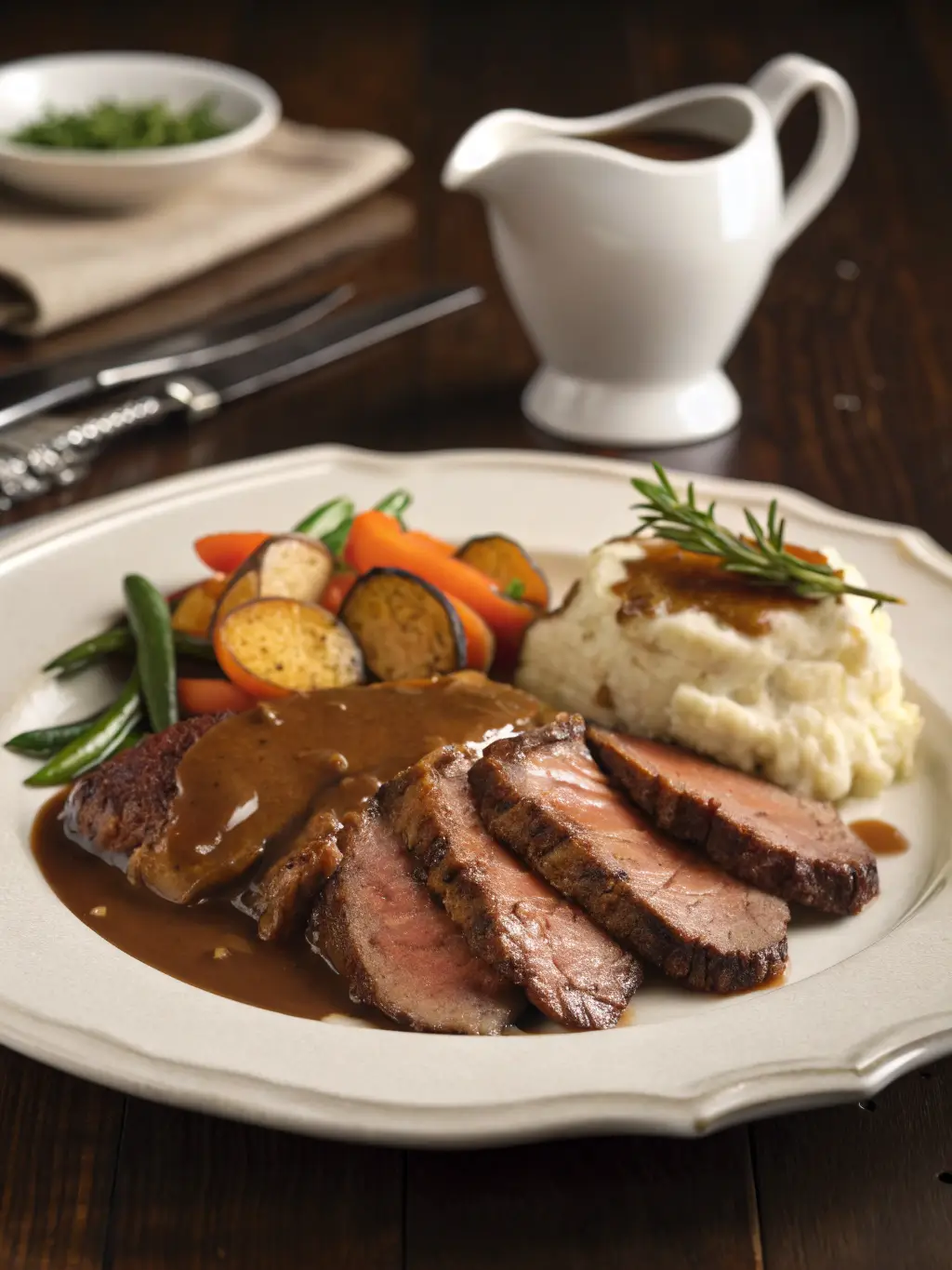 Elegant dinner plate with sliced roast beef covered in brown gravy served with mashed potatoes and vegetables