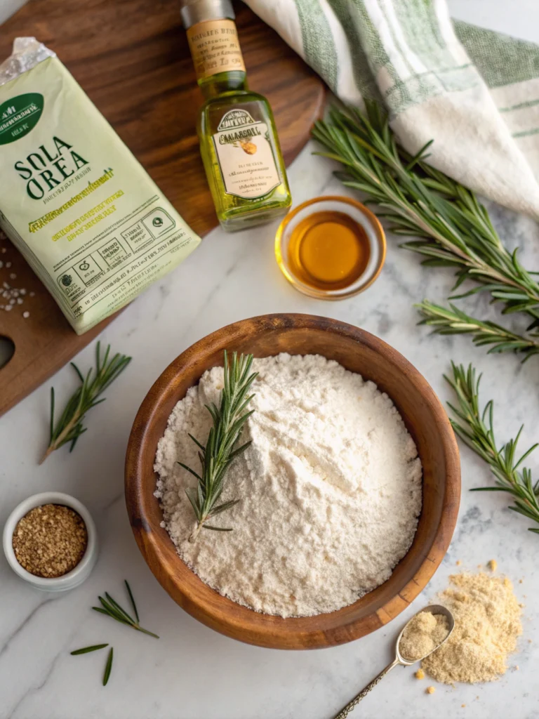 Rosemary bread recipe ingredients: flour, fresh rosemary, olive oil, yeast, and salt arranged on marble counter