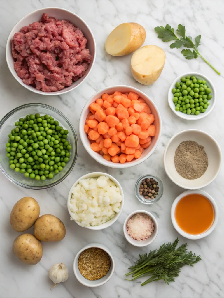 Fresh ingredients for homemade Shepherd's Pie including ground lamb, vegetables, potatoes and seasonings arranged on countertop
