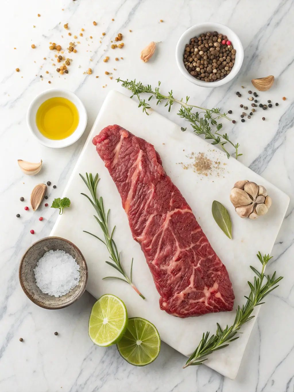 Raw skirt steak with cooking ingredients and spices arranged on marble surface - olive oil, garlic, lime, herbs