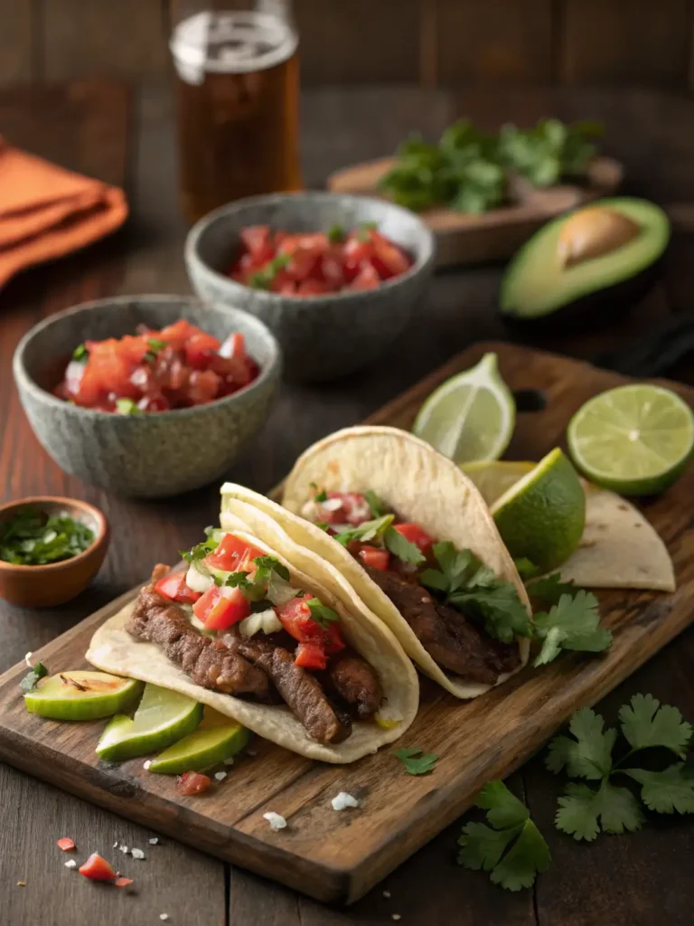 Skirt steak tacos with fresh salsa and avocado on rustic wooden table, ready to serve
