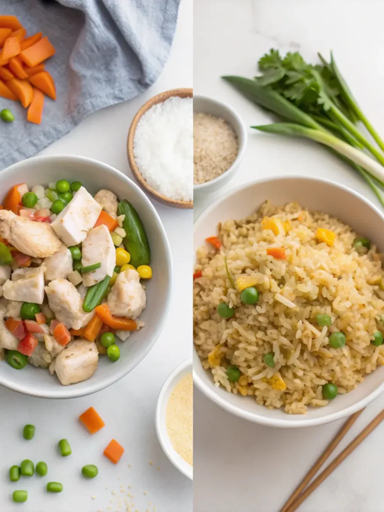On the right side, the prepared dish is shown — a bowl of fried rice with peas, carrots, corn, egg, and seasonings. Fresh herbs and green onions are placed nearby as garnishes.