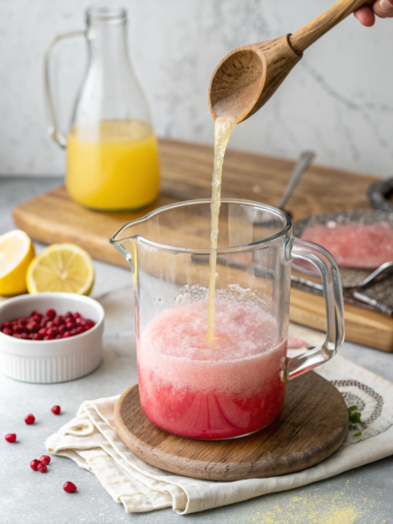 Hands juicing fresh lemons with citrus juicer and straining lemon juice through fine mesh for pink lemonade recipe