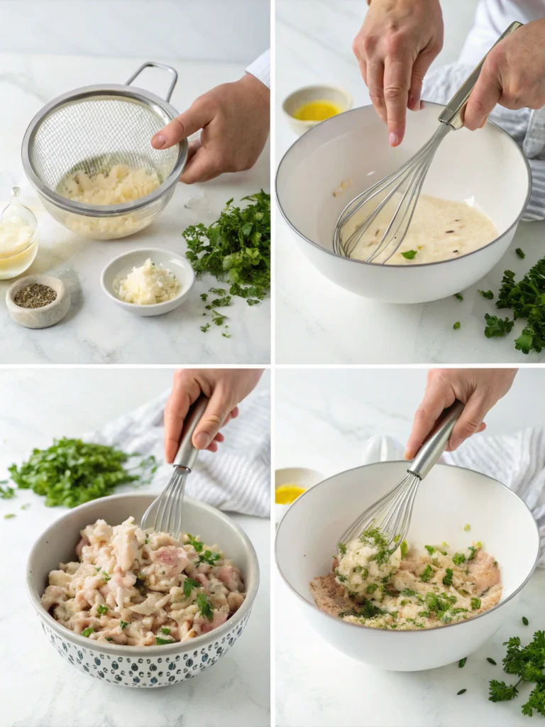 Step-by-step tuna salad preparation showing mixing process and cooking techniques