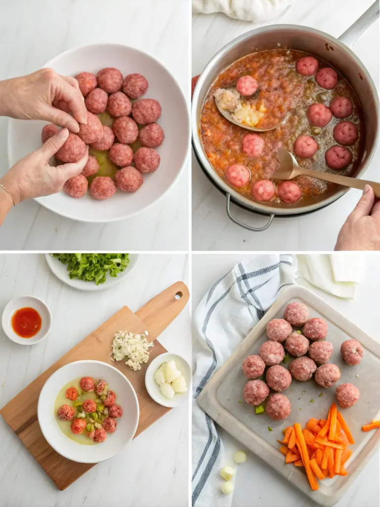 Step-by-step process of making albondigas soup showing hands forming meatballs and adding them to simmering broth with vegetables