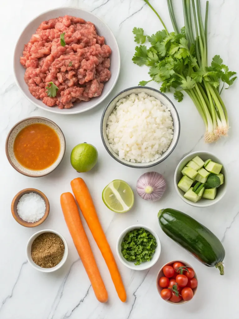 Complete ingredient layout for albondigas soup recipe including ground beef, rice, fresh vegetables, tomatoes, and spices arranged on marble surface