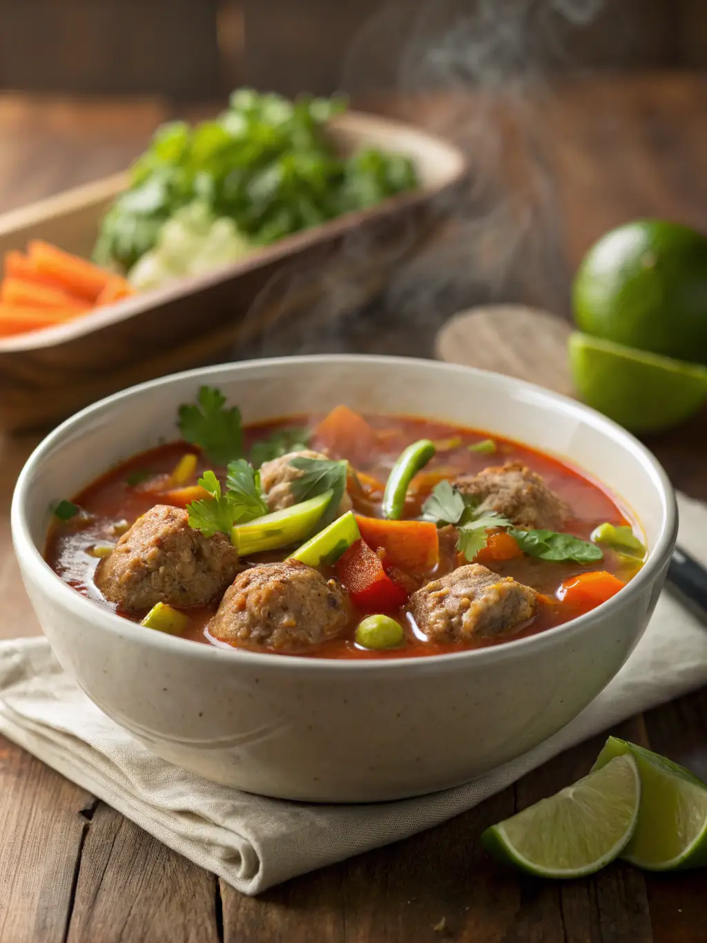 Steaming bowl of authentic albondigas soup with meatballs and vegetables in rich tomato broth, garnished with cilantro and lime wedges