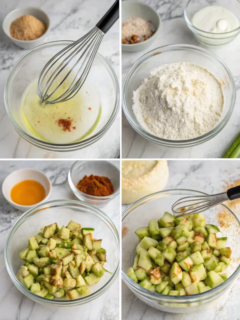 Step-by-step process of making warm cinnamon-spiced apple bread showing hands folding apples into batter and pouring into loaf pan