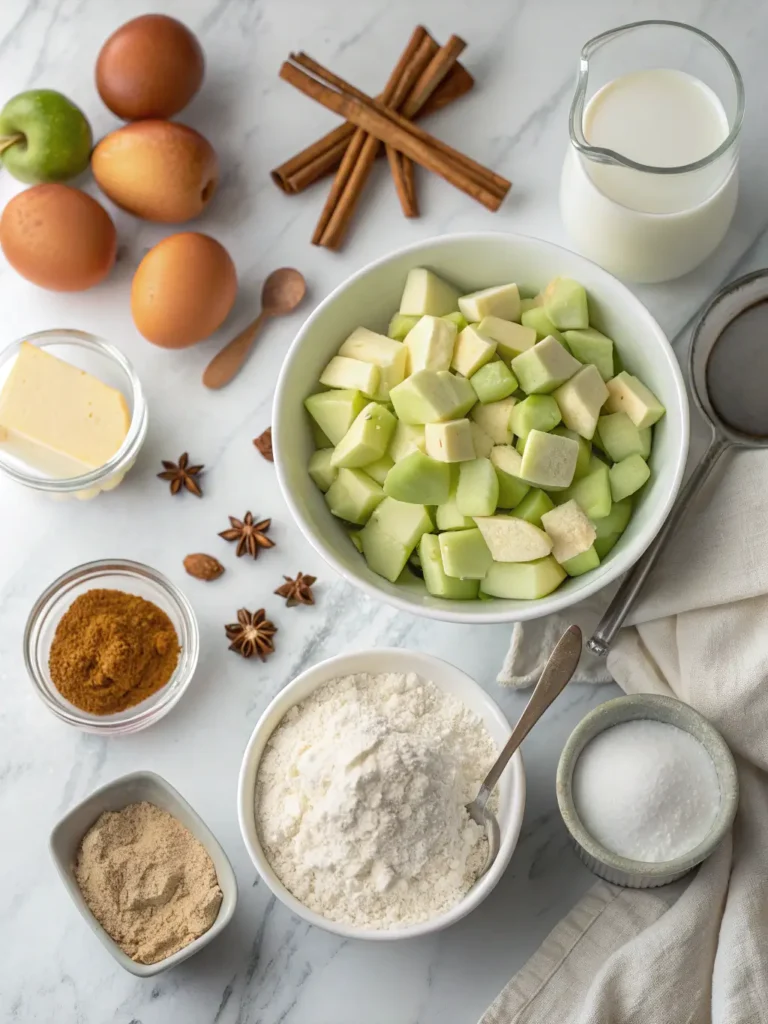 All ingredients for warm cinnamon-spiced apple bread arranged on marble surface including diced apples, flour, spices, and baking essentials