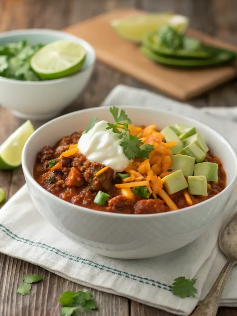 Beef and Pumpkin Chili served in white bowl with sour cream, cheddar cheese, avocado and cilantro toppings