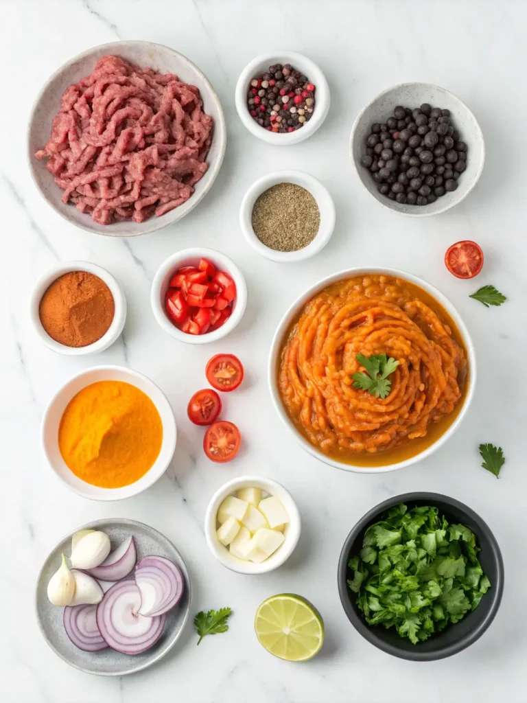 All ingredients for Beef and Pumpkin Chili arranged on marble counter including ground beef, pumpkin puree, beans and spices