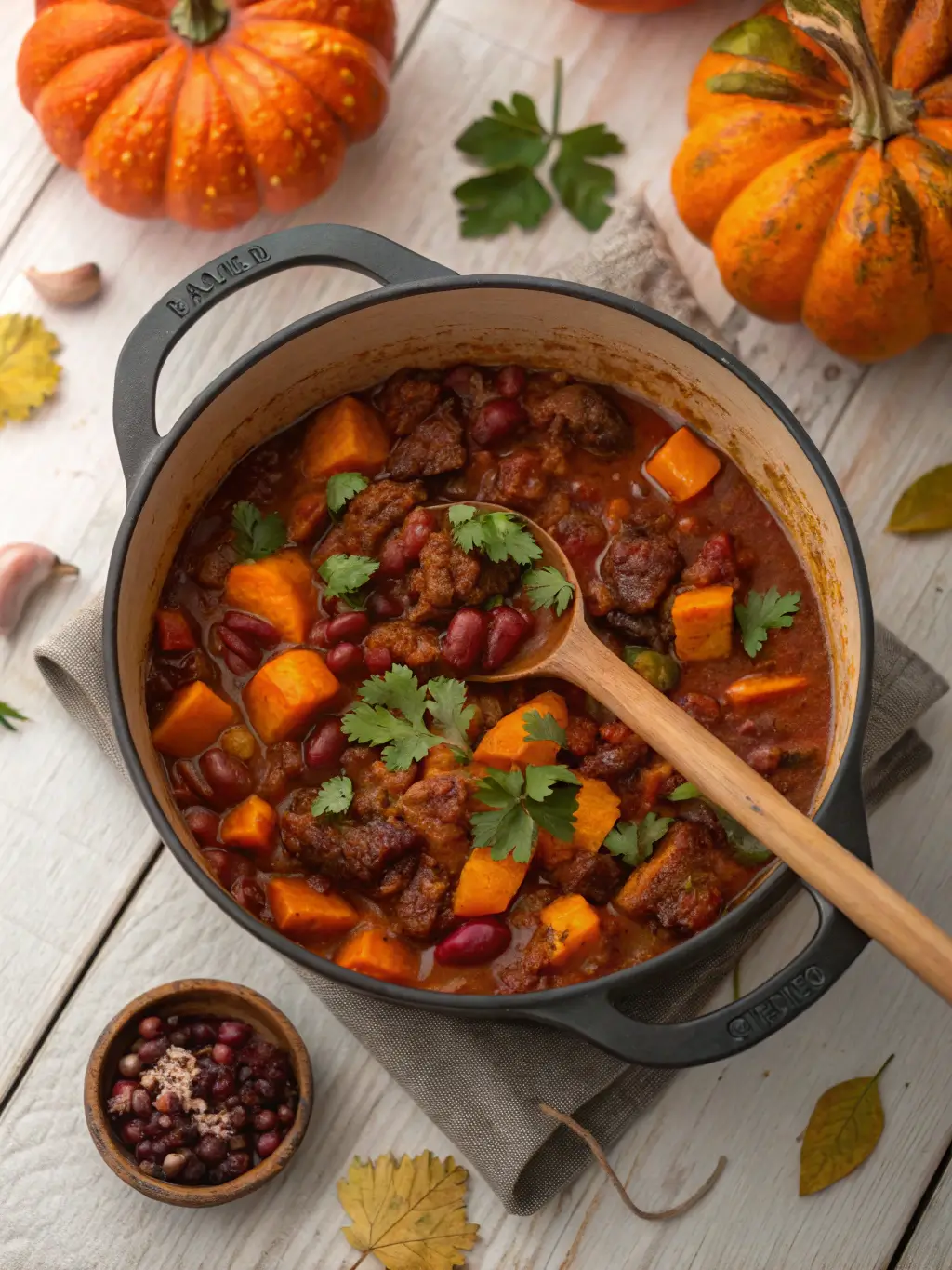 Beef and Pumpkin Chili in cast iron pot garnished with fresh cilantro on rustic wooden table