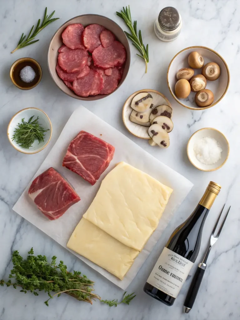 Fresh ingredients for Chef John's Individual Beef Wellingtons including beef tenderloin, mushrooms, puff pastry, and prosciutto